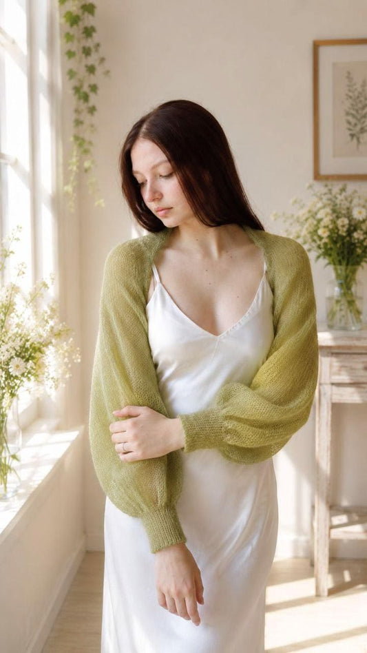 Bright Olive Mohair Bridal Bolero Shrug, Soft Sheer Bridesmaid Sweater, Fluffy Wedding Dress Topper, Lightweight Formal 