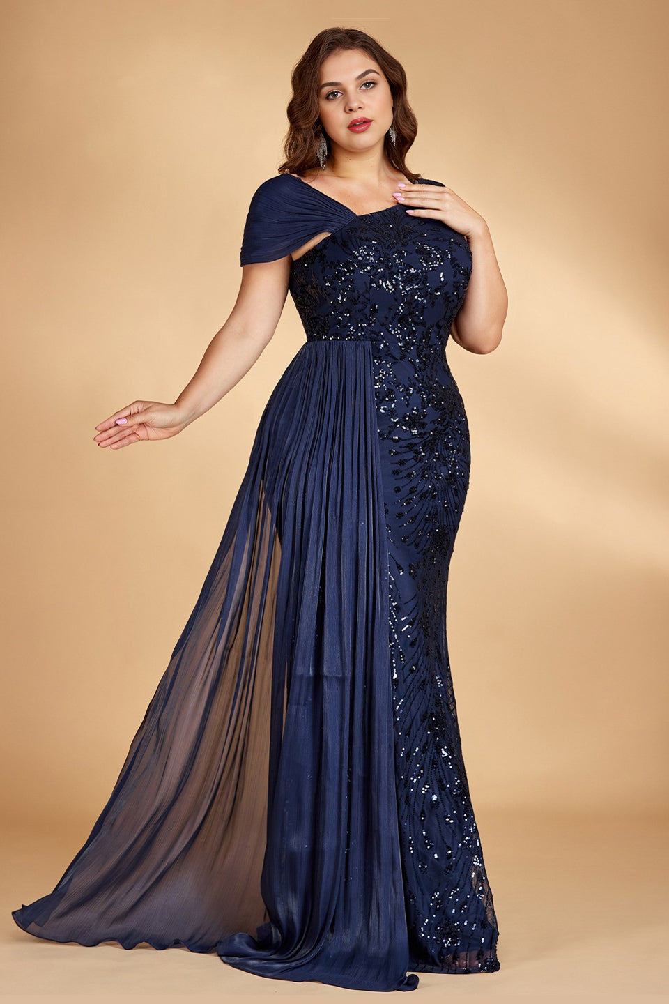 Blue Curveins Plus Size One Shoulder Sleeveless Beaded Ribbon Elegant Maxi Dress - 14-16/1X / Blue