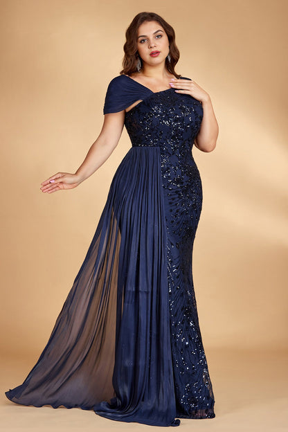 Blue Curveins Plus Size One Shoulder Sleeveless Beaded Ribbon Elegant Maxi Dress - 14-16/1X / Blue