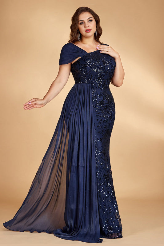Blue Curveins Plus Size One Shoulder Sleeveless Beaded Ribbon Elegant Maxi Dress - 14-16/1X / Blue