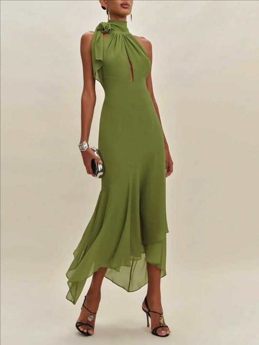 Green 1930s Halter Mesh Backless Chiffon Midi Dress - Green / L