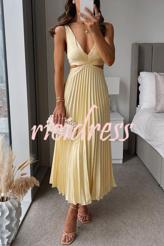 Yellow Margot Linen Pleated Midi Dress