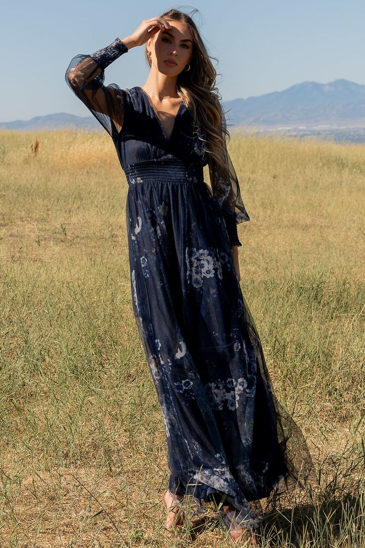 Layla Tulle Maxi Dress in Navy Floral