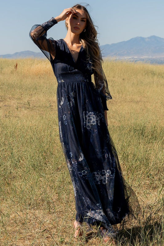 Layla Tulle Maxi Dress in Navy Floral