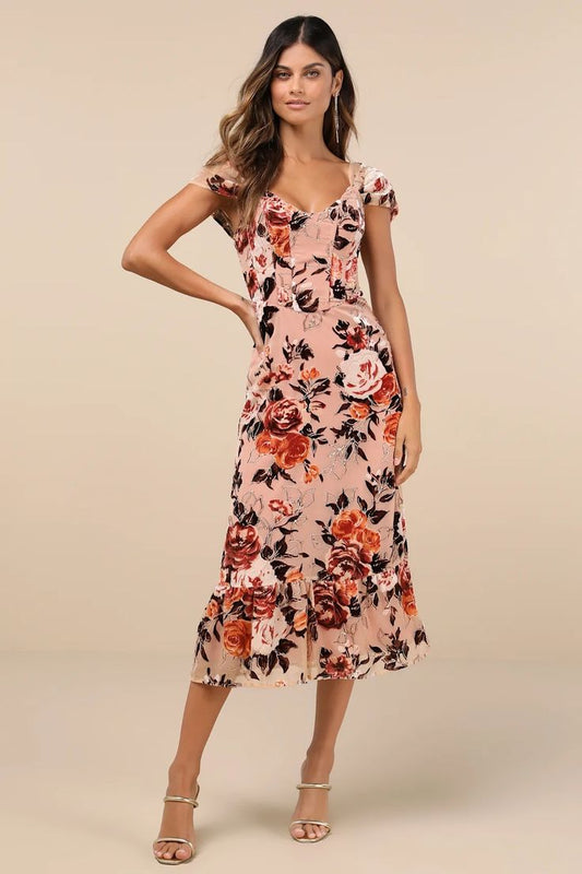 Arabella Burnout Velvet Midi Dress
