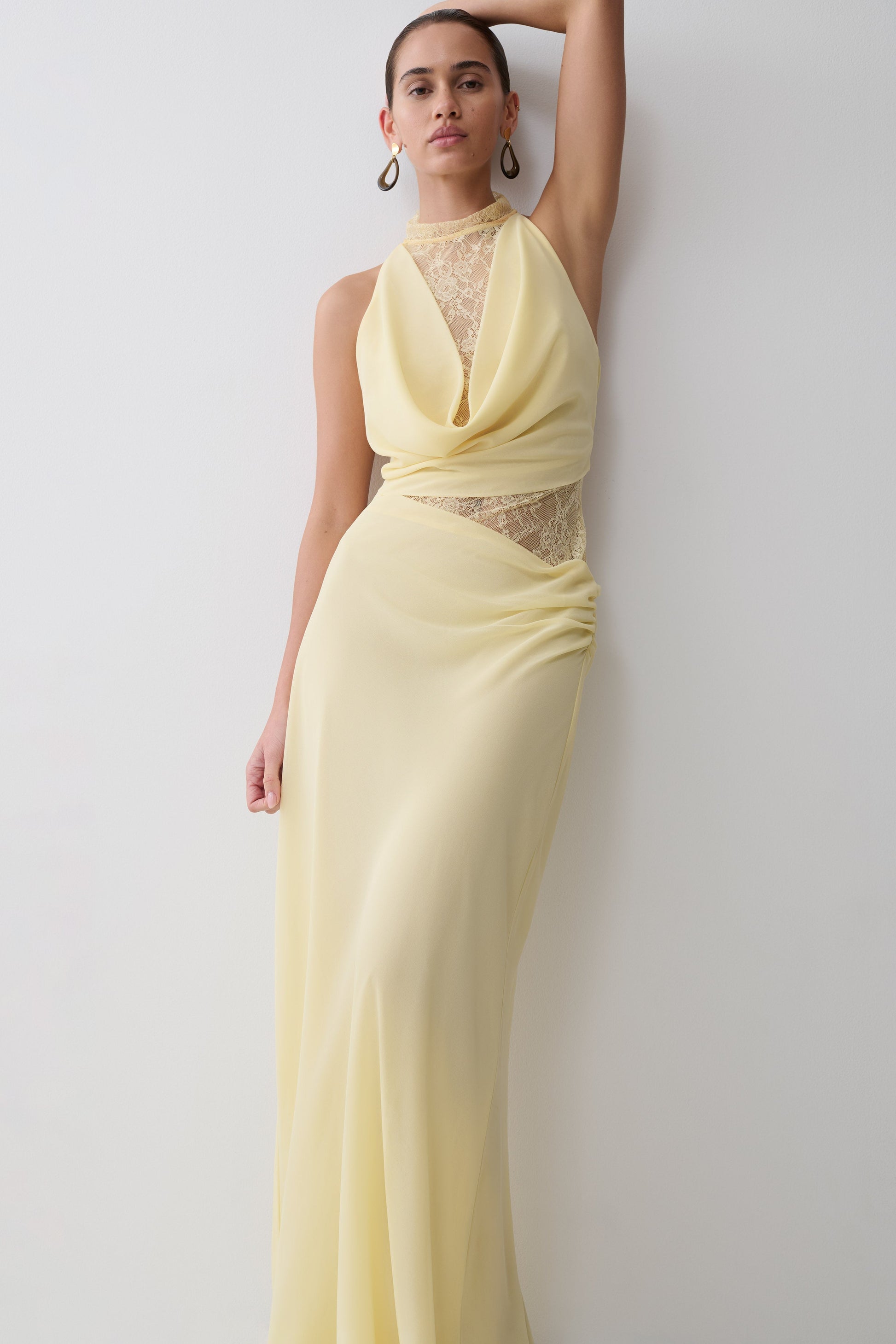 Lemon Arra Chiffon & Lace Halter Maxi Dress