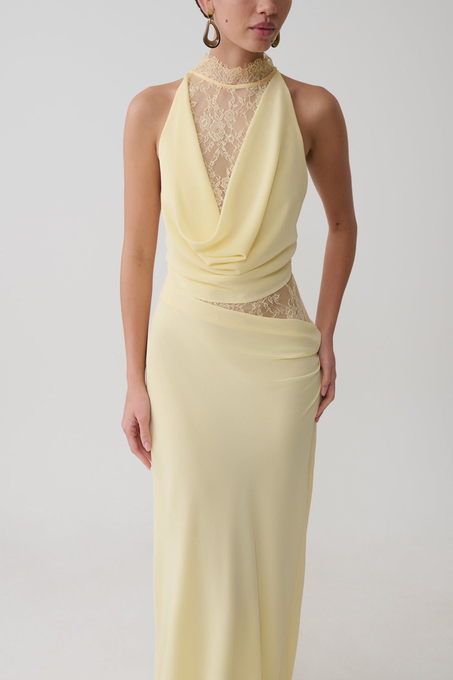 Lemon Arra Chiffon & Lace Halter Maxi Dress