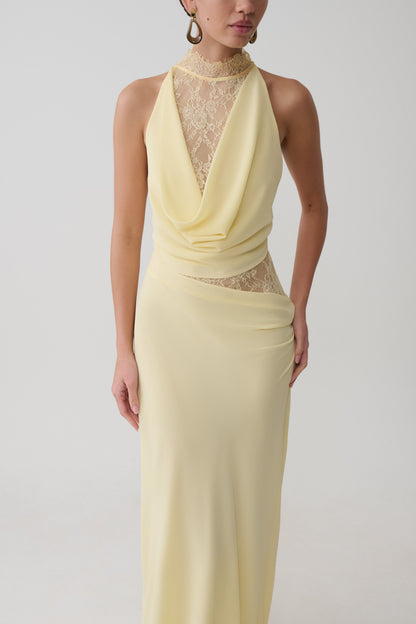 Lemon Arra Chiffon & Lace Halter Maxi Dress
