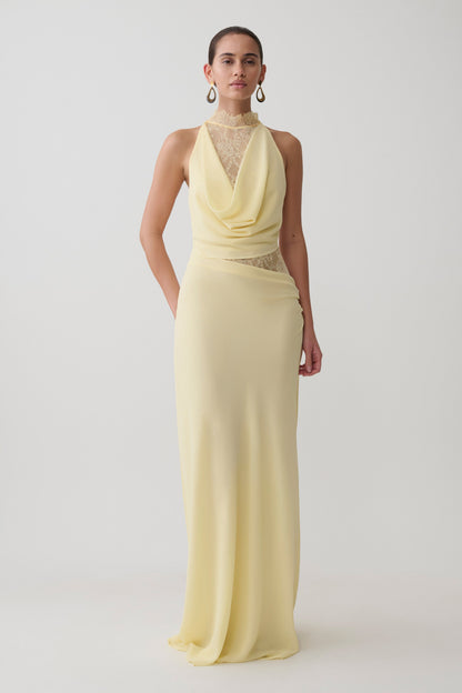 Lemon Arra Chiffon & Lace Halter Maxi Dress in Plum