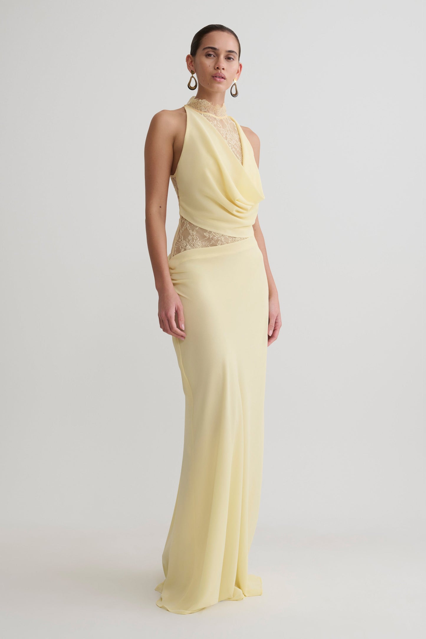 Lemon Arra Chiffon & Lace Halter Maxi Dress