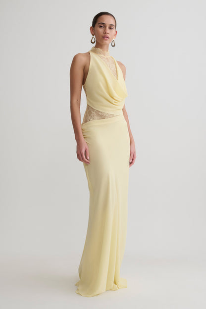 Lemon Arra Chiffon & Lace Halter Maxi Dress