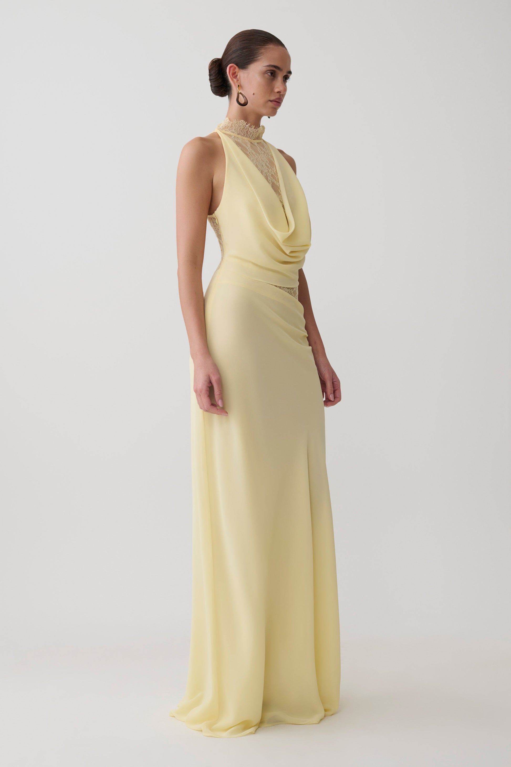 Lemon Arra Chiffon & Lace Halter Maxi Dress in Plum