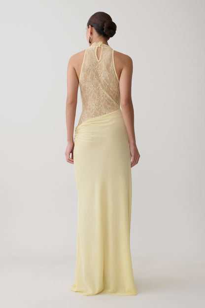 Lemon Arra Chiffon & Lace Halter Maxi Dress in Plum