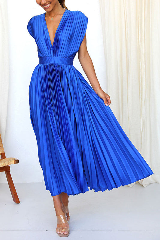 Blue Georgiana Satin Pleated Midi Dress