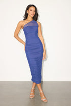 Mariana Blue Mesh Ruched One-Shoulder Midi Dress
