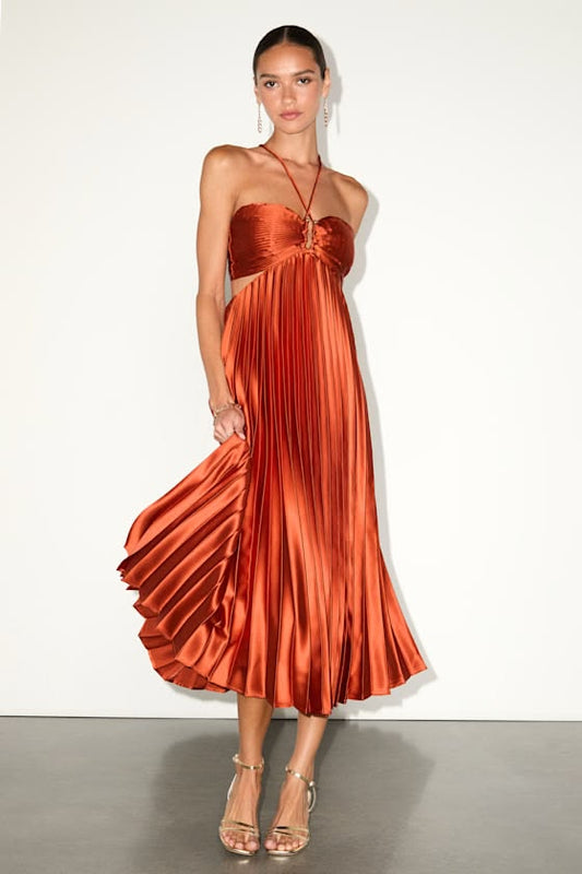 Aerin Rust Satin Pleated Cutout Midi Dress