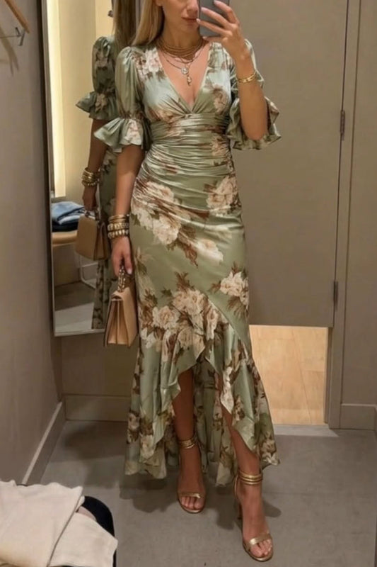 sleeved Fitted Waist Pleated Maxi Dress Floral Print V-neck Ruffled Short-sleeved Fitted Waist Pleated Maxi Dress