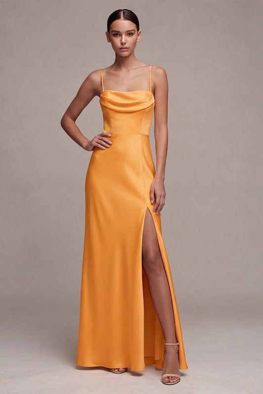Light Yellow Satin Sheath Long Wedding Guest Dress with Slit - Light Yellow / US16