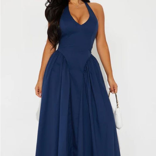Elegant Navy Blue Halter Maxi Dress | Color: Blue | Size: Xl
