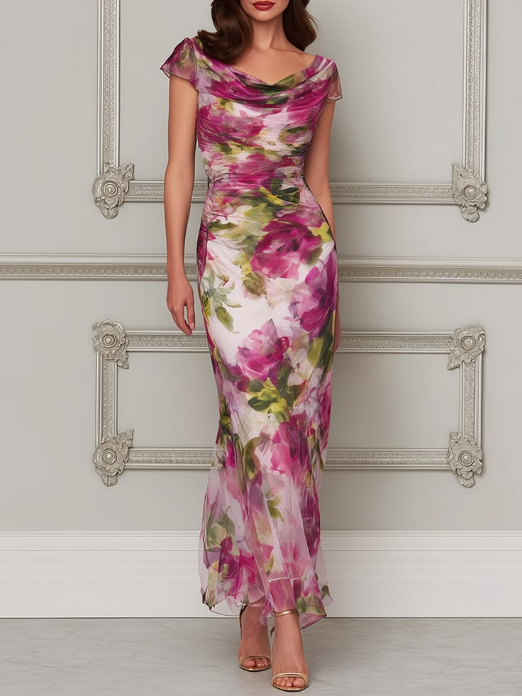 Evangeline Ruched Cowl-Neck Trumpet Dress in Fuchsia