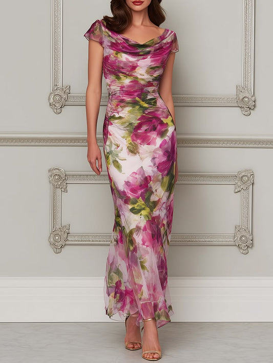 Evangeline Ruched Cowl-Neck Trumpet Dress in Fuchsia