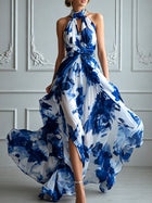 Elegant Blue And White Ink-Style Flowy Chiffon Dress Blue-M(8-10)
