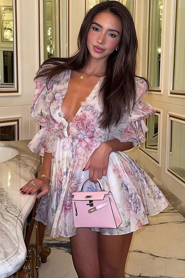 Elegant Floral Chiffon V Neck Mini Dress - Pink S