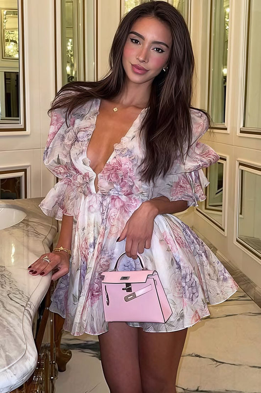 Elegant Floral Chiffon V Neck Mini Dress - Pink S