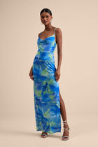 Sunniva Mesh Cowl Maxi Dress in Blue Multi
