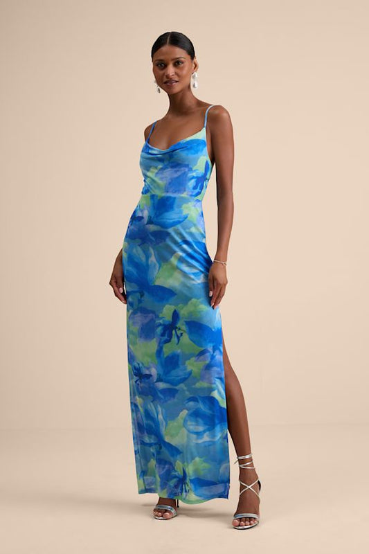 Sunniva Mesh Cowl Maxi Dress in Blue Multi