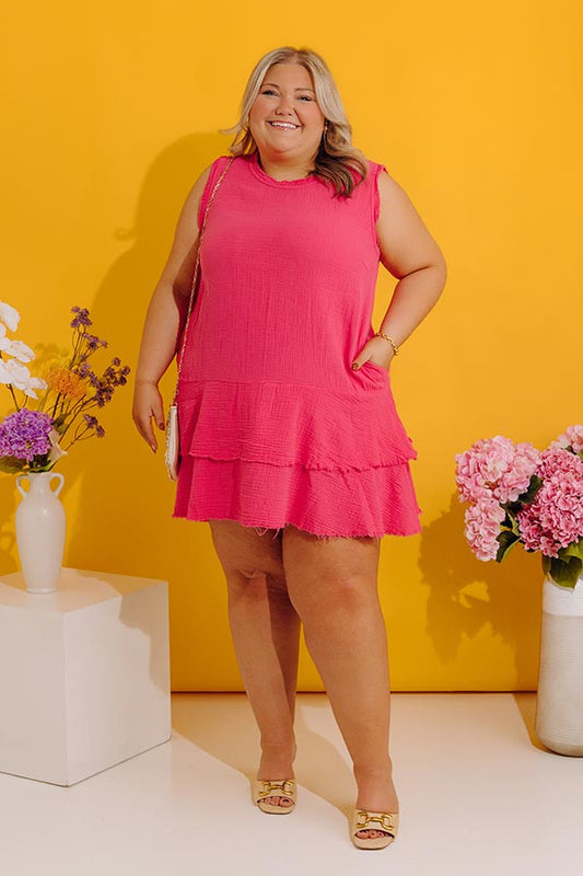 Hot Pink Curves Isadora Gauze Mini Dress in Hot Pink
