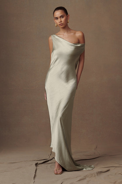 Sage Yvette Asymmetrical Slip Maxi Dress in Emerald
