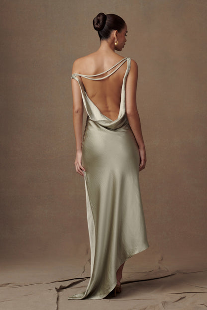 Sage Yvette Asymmetrical Slip Maxi Dress in Emerald