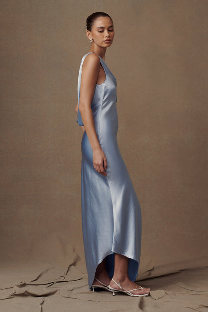 Cornflower Blue Yvette Asymmetrical Slip Maxi Dress in Emerald