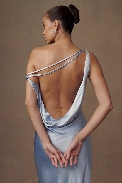 Cornflower Blue Yvette Asymmetrical Slip Maxi Dress in Emerald