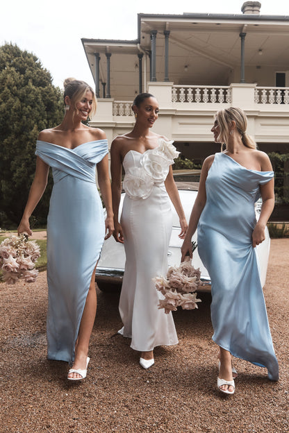 Cornflower Blue Yvette Asymmetrical Slip Maxi Dress in Emerald