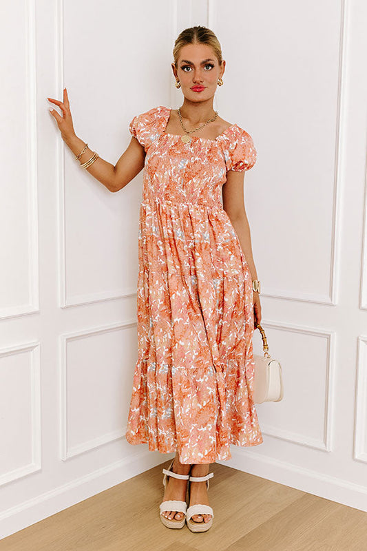 Orange Margot Smocked Midi Dress in Vineyard Orange