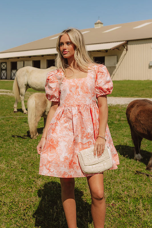 Coral Cheerful Charm Jacquard Mini Dress in Coral - S / coral