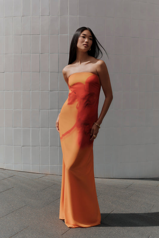 Koi Orchid Print Amaya Strapless Chiffon Maxi Dress