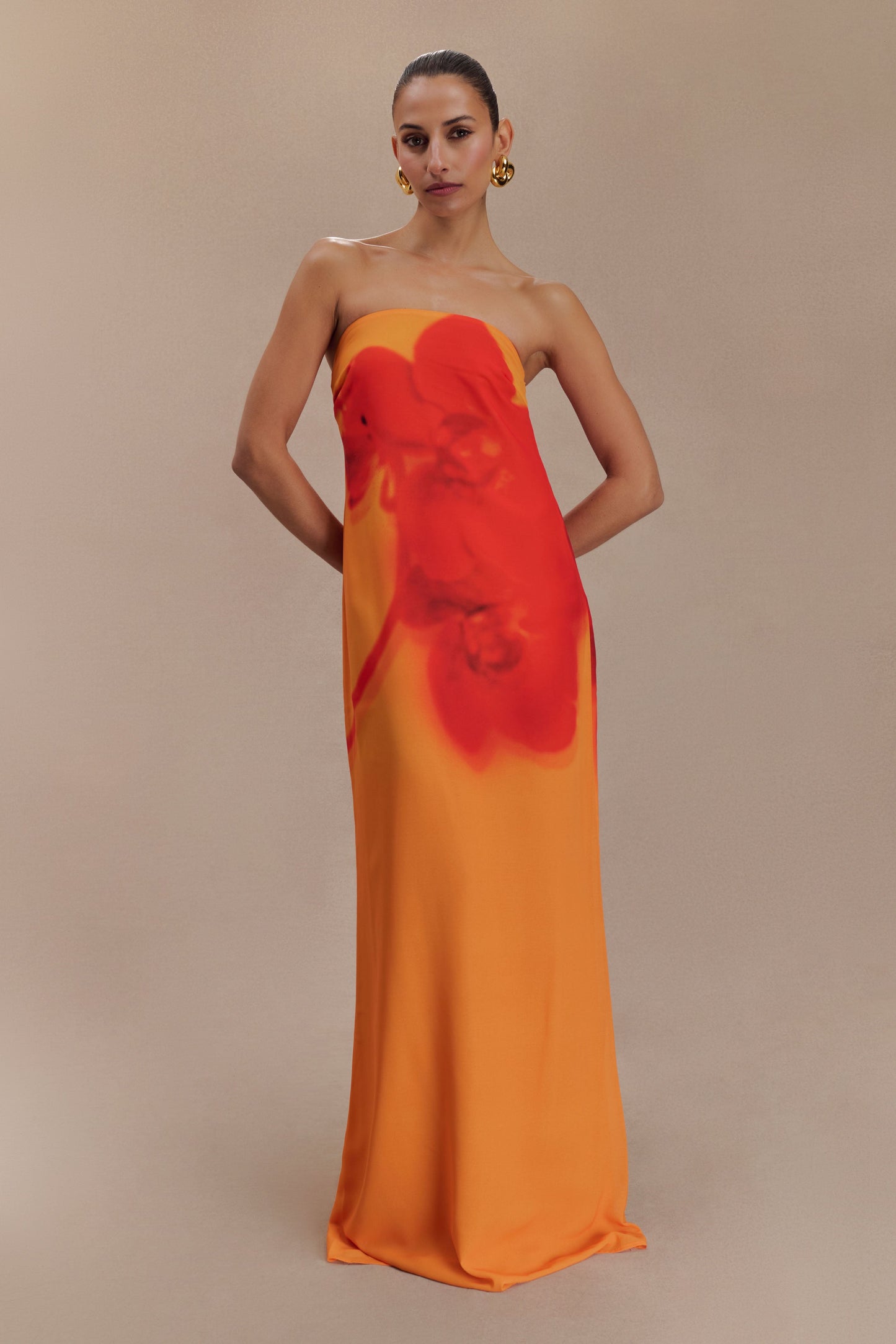 Koi Orchid Print Amaya Strapless Chiffon Maxi Dress