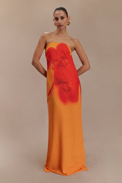 Koi Orchid Print Amaya Strapless Chiffon Maxi Dress