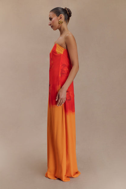 Koi Orchid Print Amaya Strapless Chiffon Maxi Dress