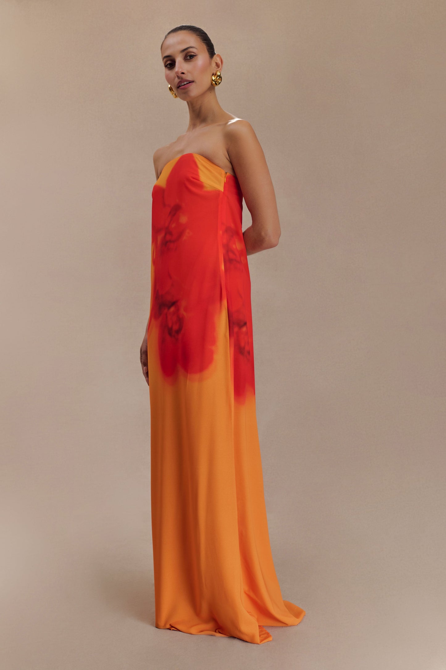Koi Orchid Print Amaya Strapless Chiffon Maxi Dress