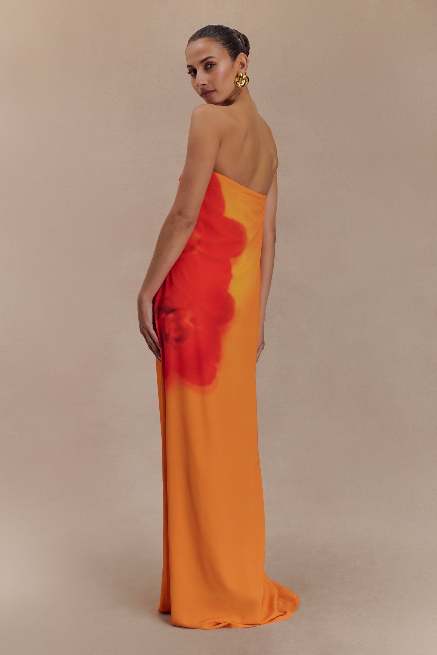 Koi Orchid Print Amaya Strapless Chiffon Maxi Dress