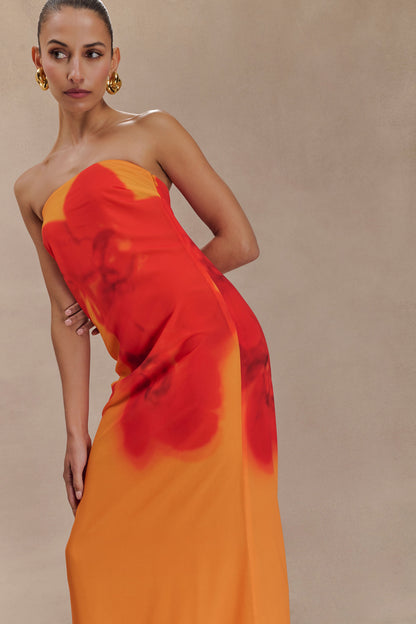Koi Orchid Print Amaya Strapless Chiffon Maxi Dress