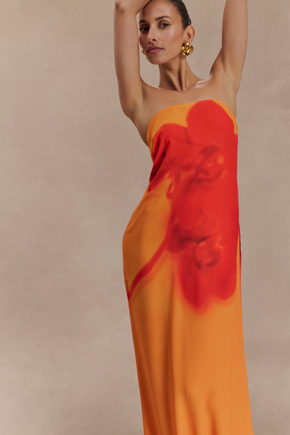 Koi Orchid Print Amaya Strapless Chiffon Maxi Dress