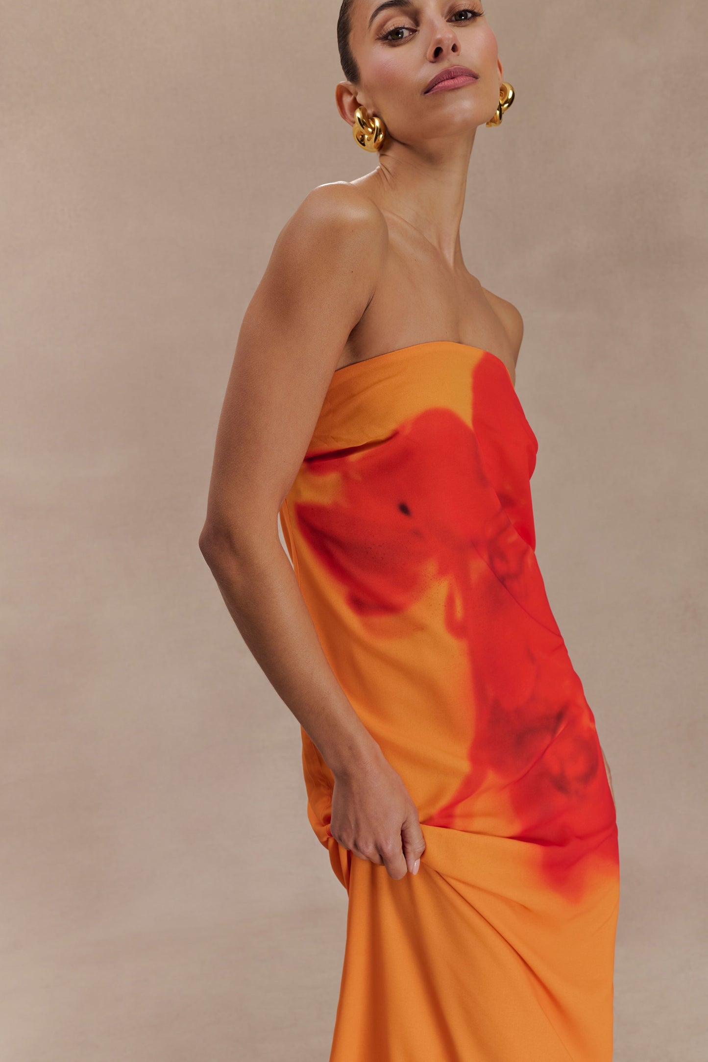 Koi Orchid Print Amaya Strapless Chiffon Maxi Dress