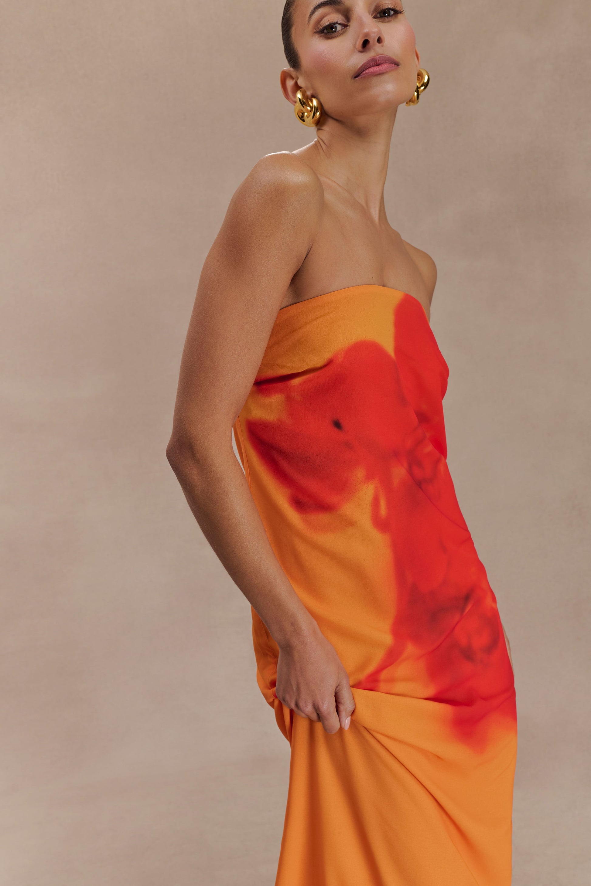 Koi Orchid Print Amaya Strapless Chiffon Maxi Dress