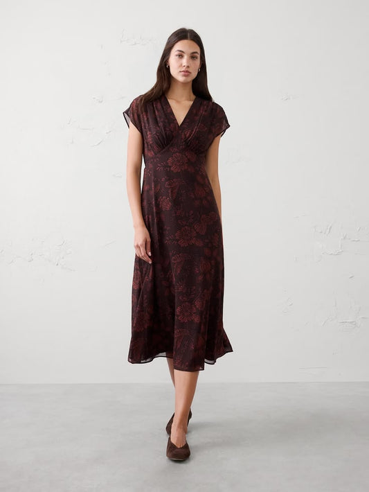 Margot Gathered Empire Midi Dress in Brown Print