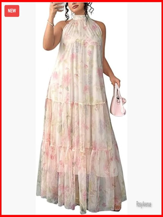 Plus Size Boho Maxi Dress Halter Sleeveless Ruffle Wedding Guest Summer | Color: Pink | Size: Various